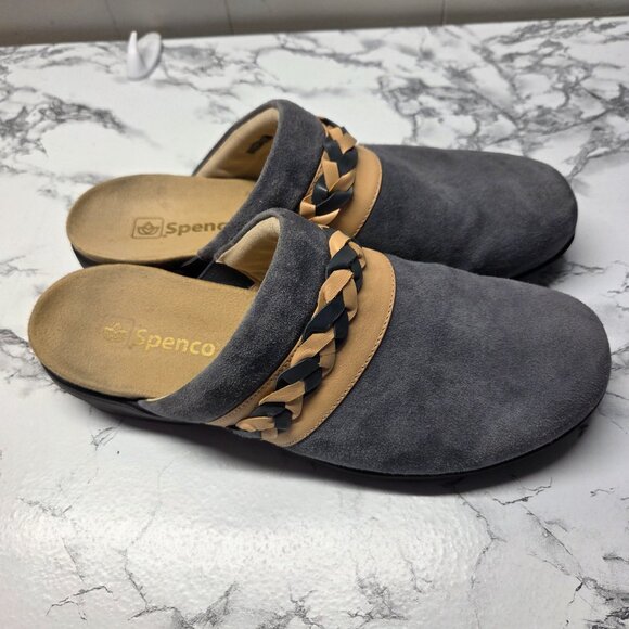 Spenco Woman's 10D "Iron Gate" Blue Gray Suede Braided Detail Topanga Clog - Picture 2 of 10